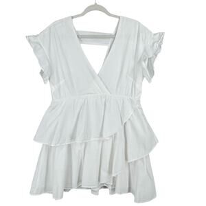 Anthropologie Mini Dress Womens SM White Tiered‎ Flowy Ruffle V Neck Summer Sun
